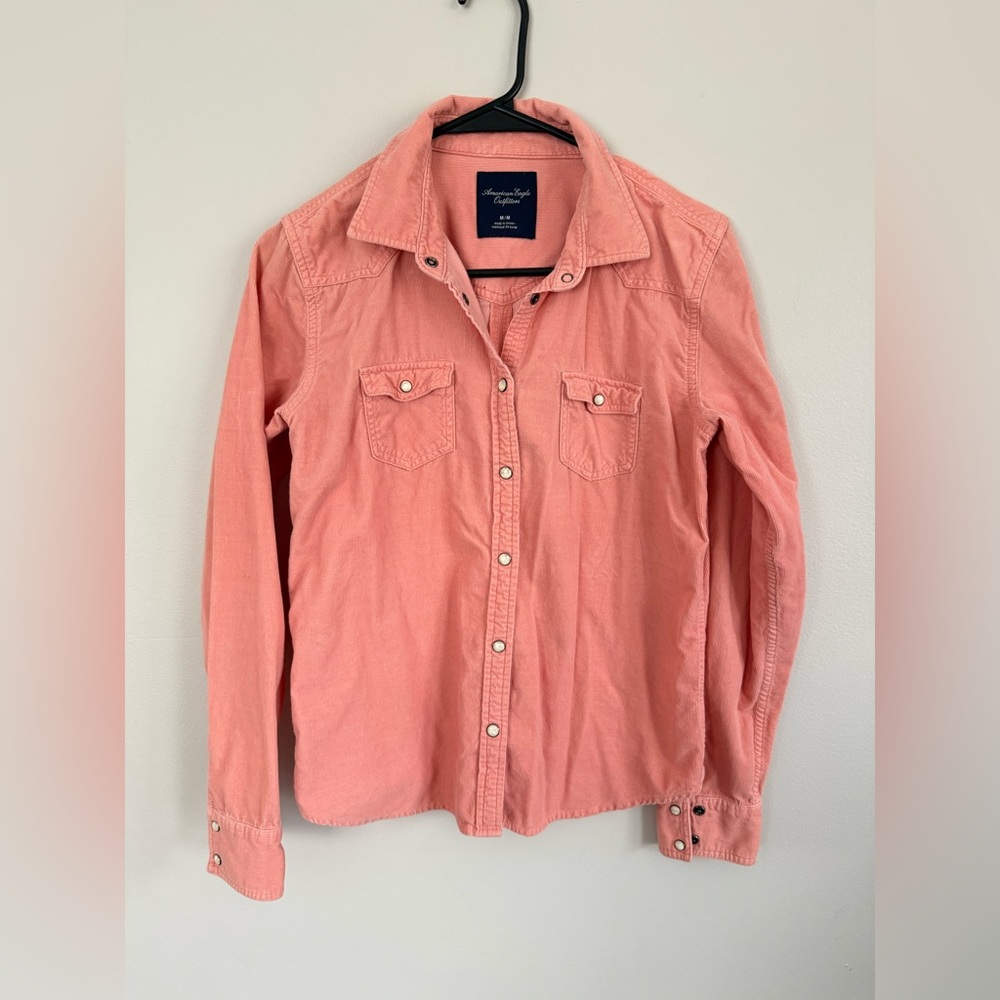 American Eagle corduroy salmon pink snap down shirt medium